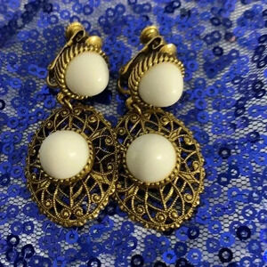 Gold With White Beads Dangle Earrings